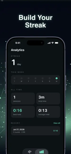 Analytics screen with streak, sessions and best hold