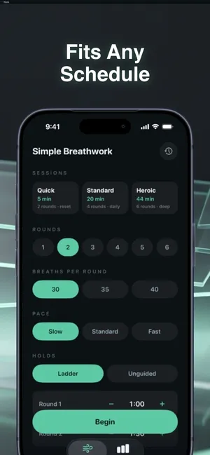 Session setup screen with Quick, Standard and Heroic sessions, rounds, pace and hold options